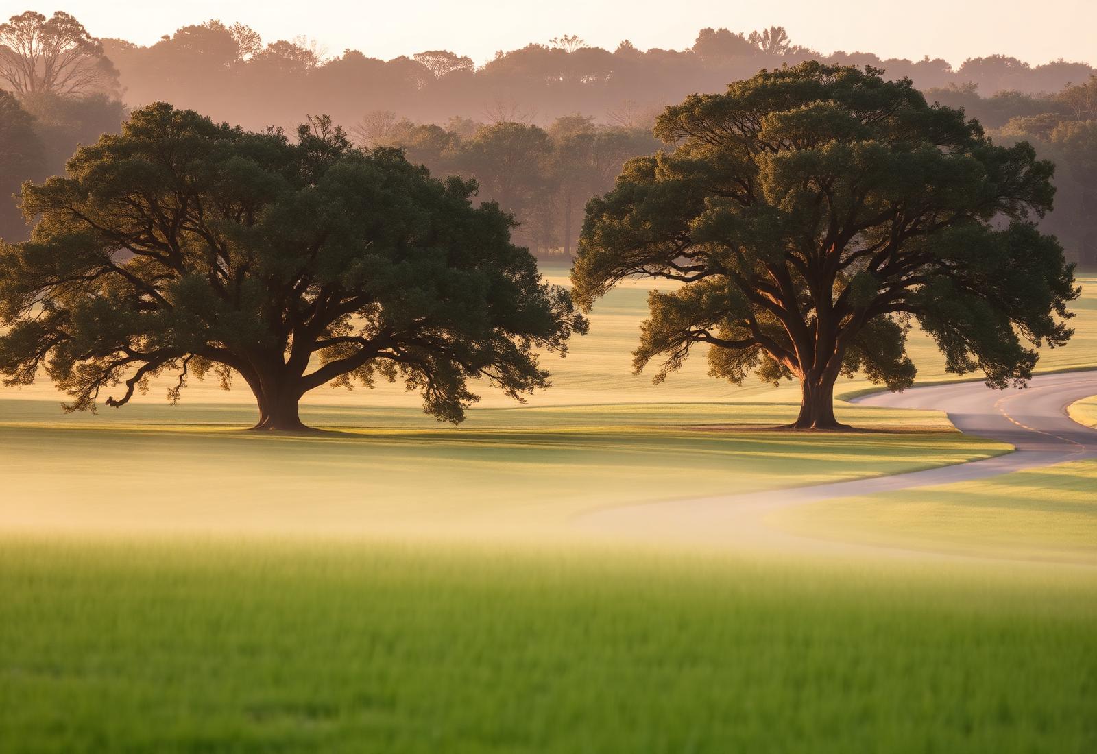 Soft Southern Maryland landscape with oak trees and a winding country road at sunrise